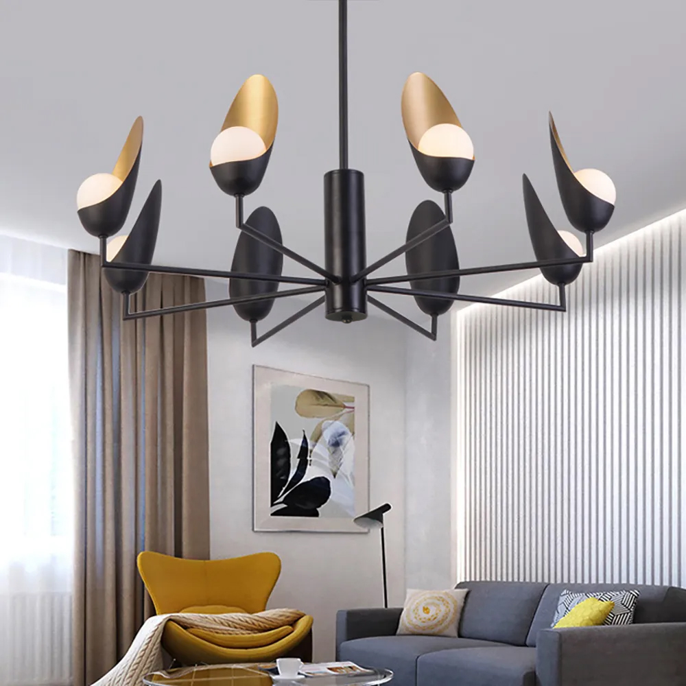 Black and Gold Glass Sputnik 8-Light Postmodern Chandelier for Living Room