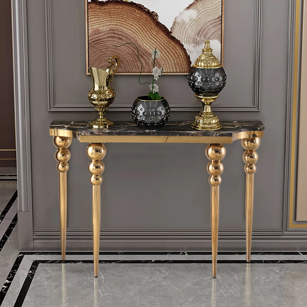 1200mm Classic Black Narrow Console Table Faux Marble Hallway Table Stainless Steel Legs