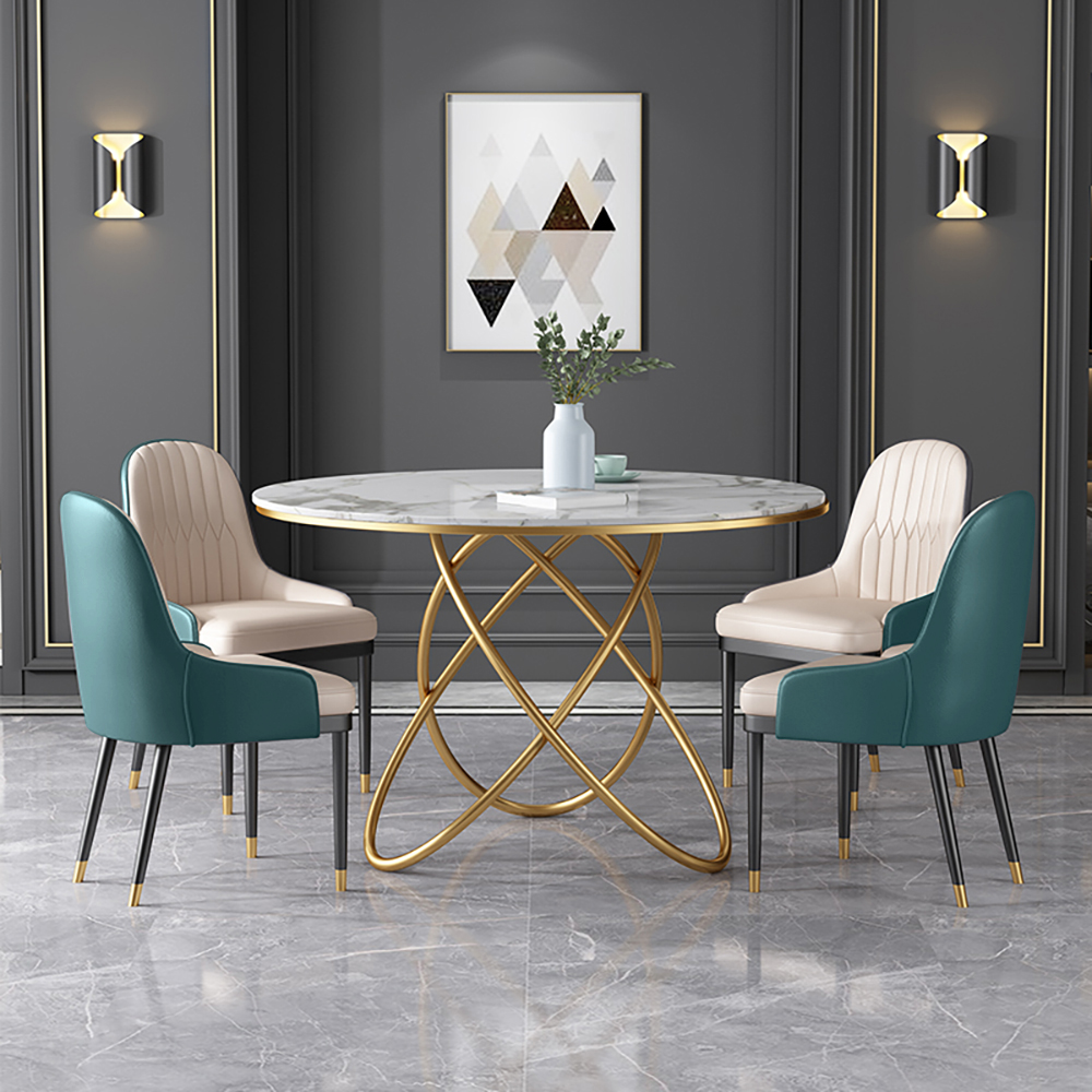 

47.2"Modern White Round Dining Table with Marble Top & Metal Trestle