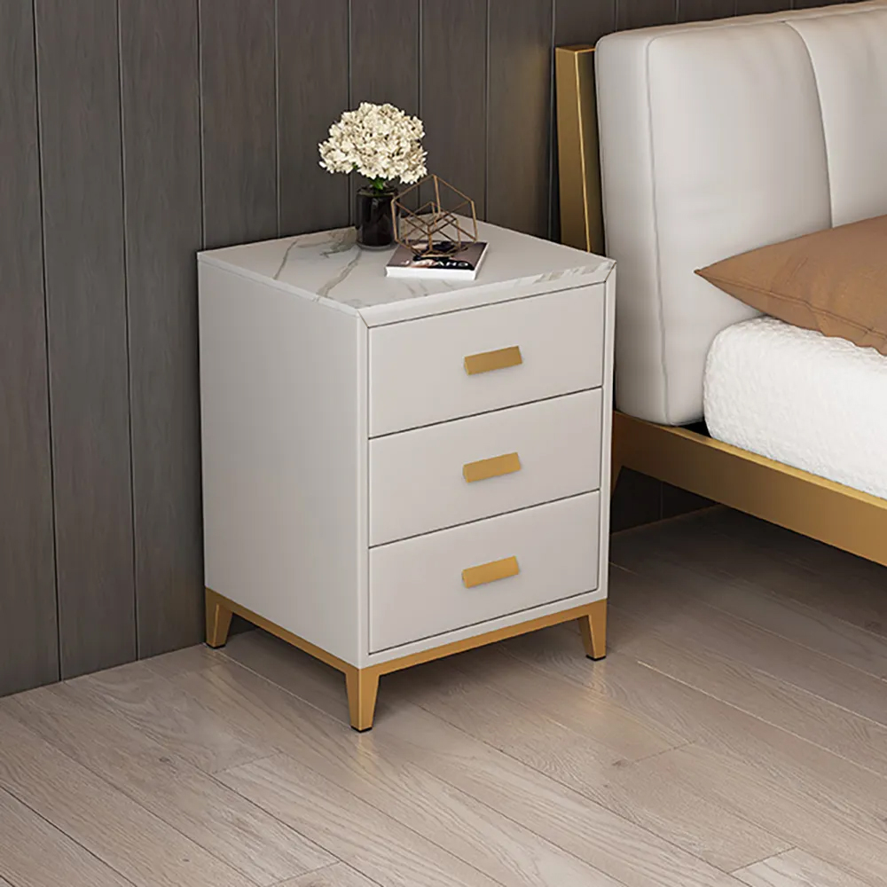 Italian White Sintered Stone-Top Nightstand with 3 Drawers  in Gold Finish