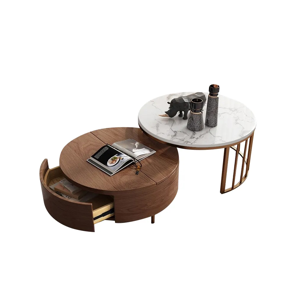 White&Walnut Round Nesting Coffee Table with Storage Rotating Top in Rose Gold Set of 2