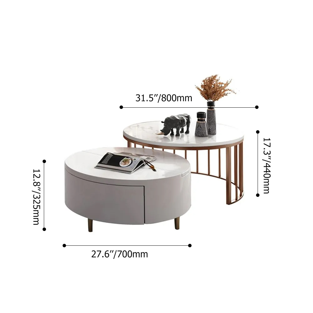 White&Walnut Round Nesting Coffee Table with Storage Rotating Top in Rose Gold Set of 2