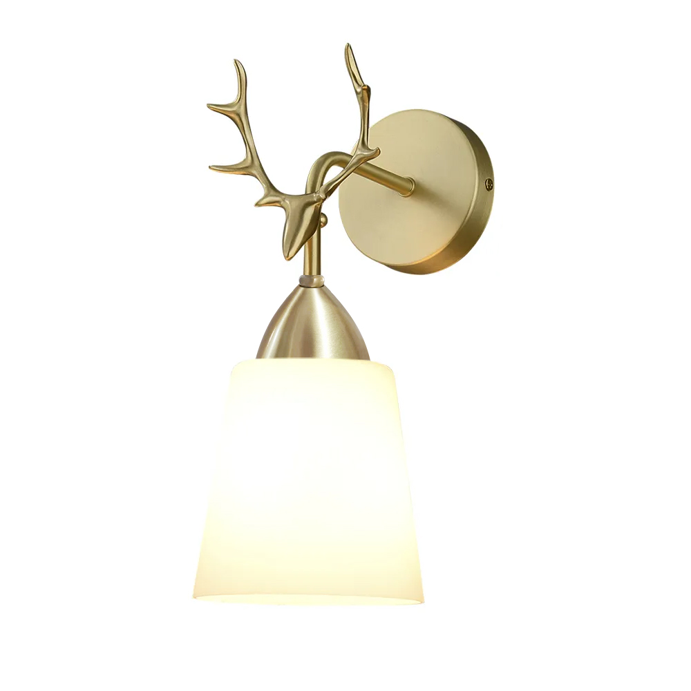 1-Light Brass Antler Wall Light Armed Wall Sconce with White Glass Shade