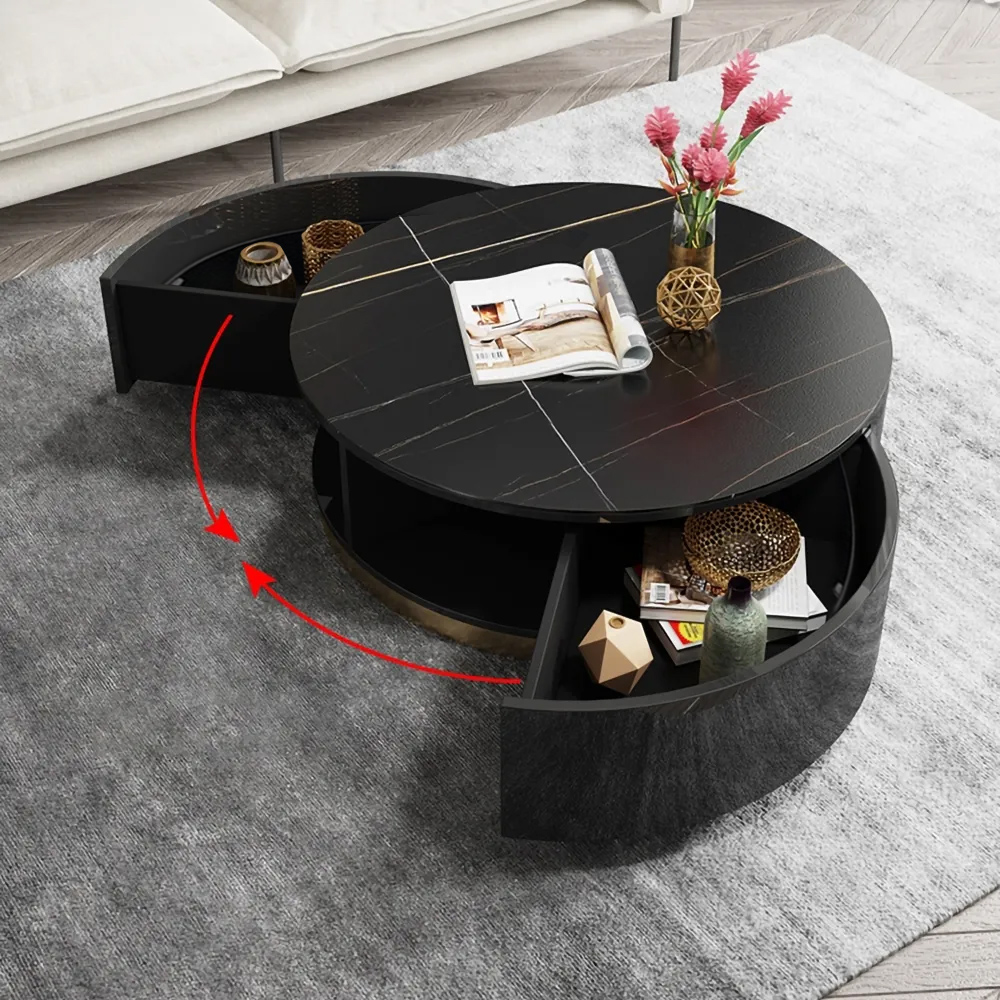 Black Round Coffee Table with Rotating Drawers Stone Top Stainless Steel Base
