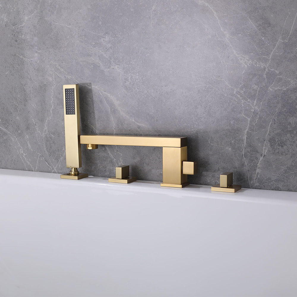 Deck Mounted Bath Filler Tap with Handshower Brushed Gold Swivel Spout