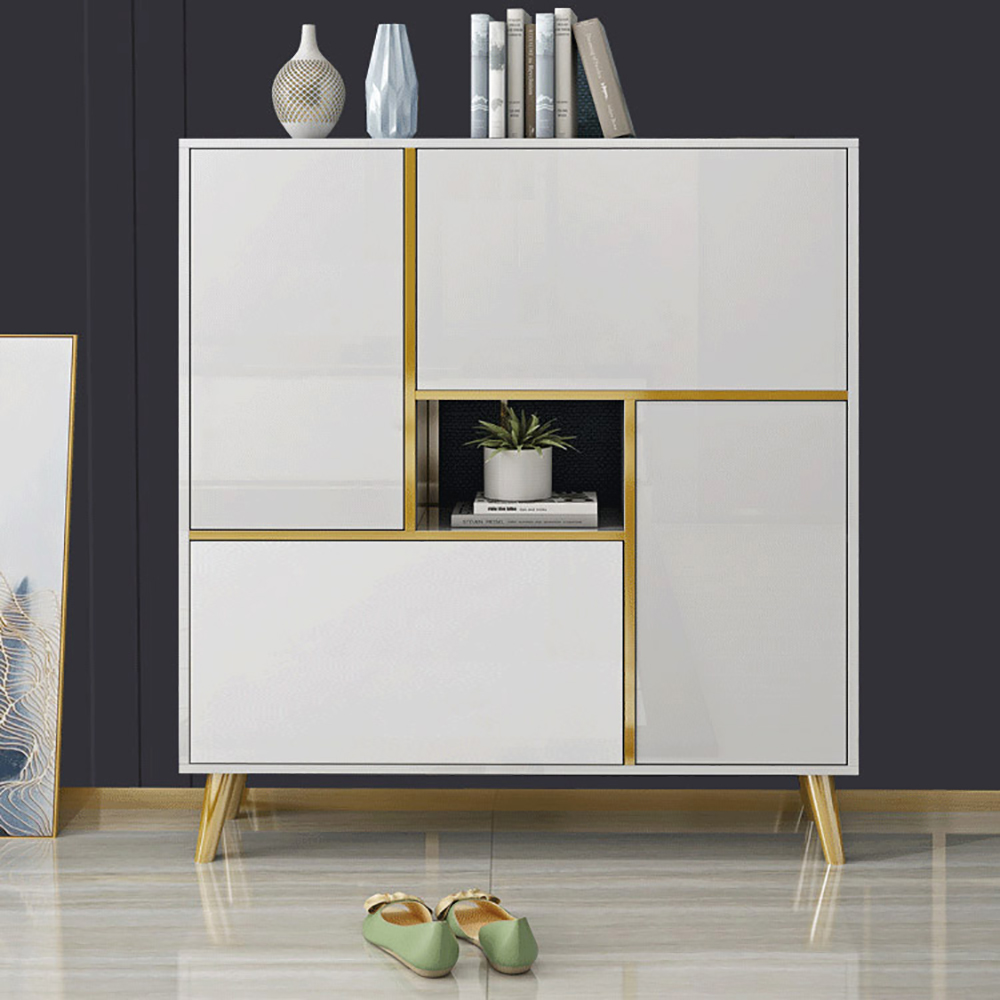 17-Pair Shoe Storage Cabinet Modern 2 Doors & 2 Drawers & Shelf Cabinet in Land Gold