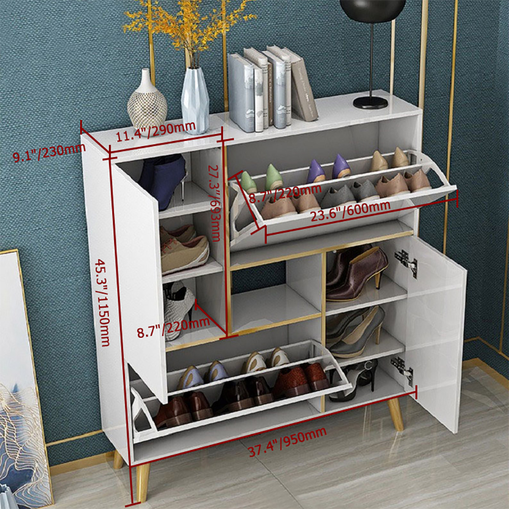 17-Pair Shoe Storage Cabinet Modern 2 Doors & 2 Drawers & Shelf Cabinet in Land Gold