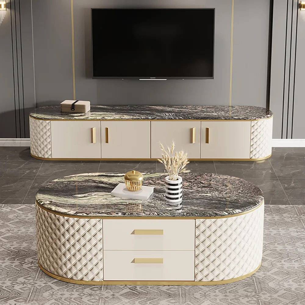 

2-Piece Contemporary Marble Off-White Leather Storage Coffee Table & TV Stand Set
