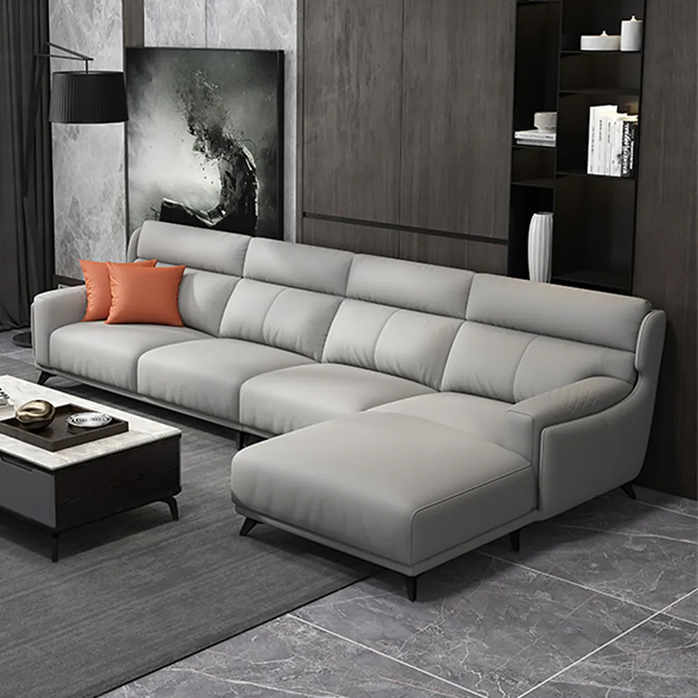 

129.9" Light Gray Faux Leather Sectional Sofa with Right Chaise L-Shape