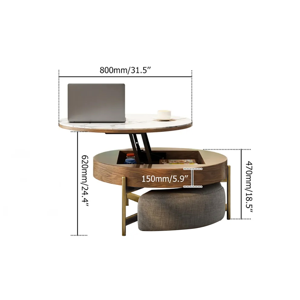 Round Lift-Top Stone Coffee Table Set with Storage White & Natural