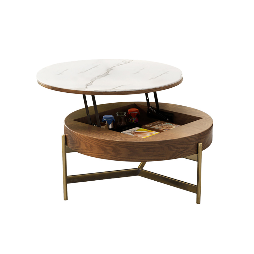 Modern Round Lift-Top Stone Coffee Table Set with Storage & 3 Ottomans White & Walnut