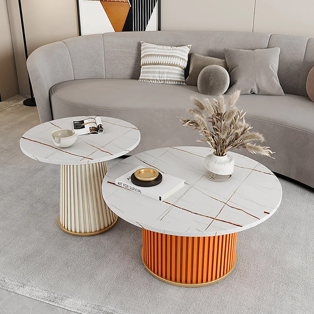 

2 Pieces Modern Round Coffee Table Set in White & Red & Gray