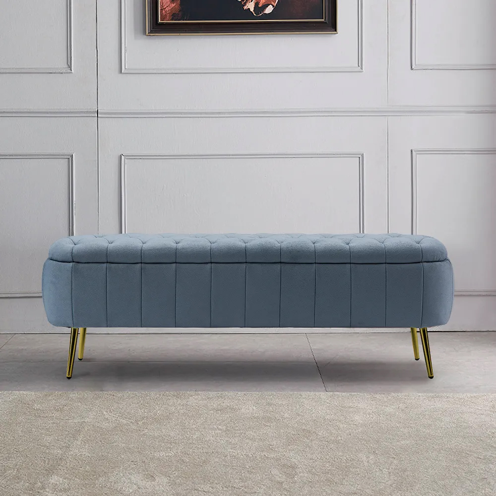 

Nordic 60" Fabric Tufted Bench with Gold Metal Legs in Blue Upholstered