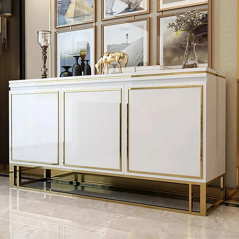 1500mm White Wood Sideboard Buffet Cabinet with Storage 3 Doors Gold Base