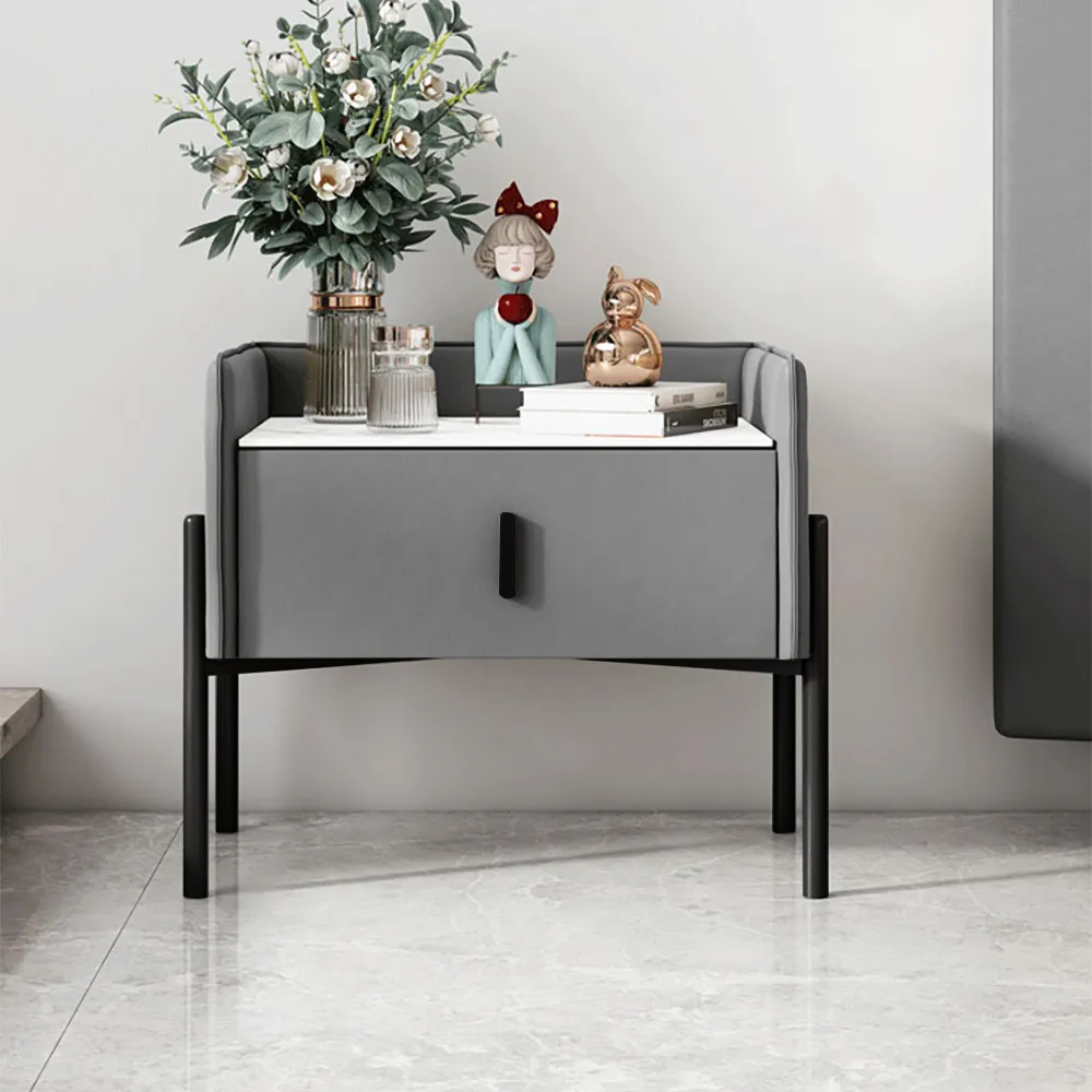 

Contemporary Gray Faux Leather Nightstand in Stone Top with Drawer