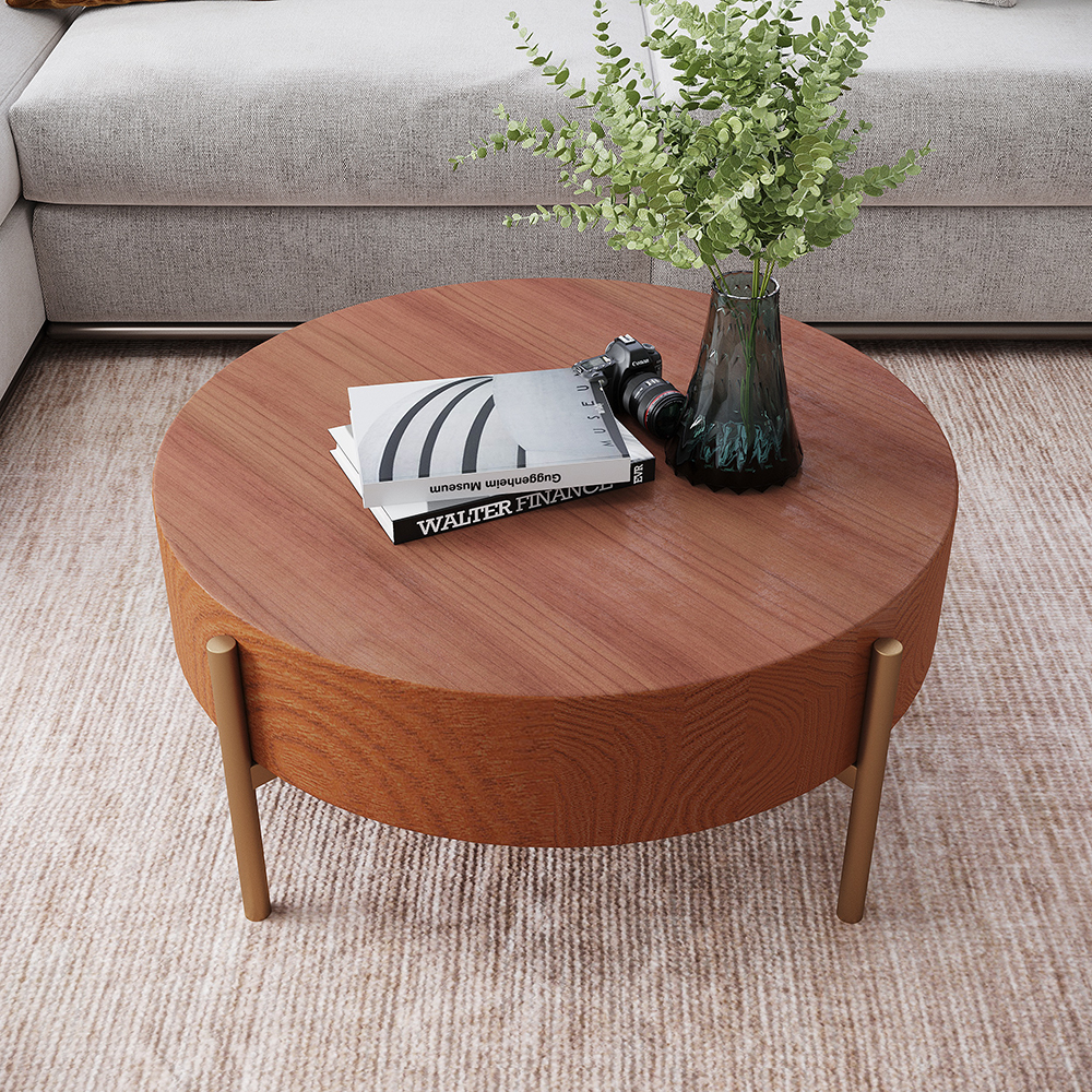 Retro Round Coffee Table with Solid Wood Tabletop Metal Legs
