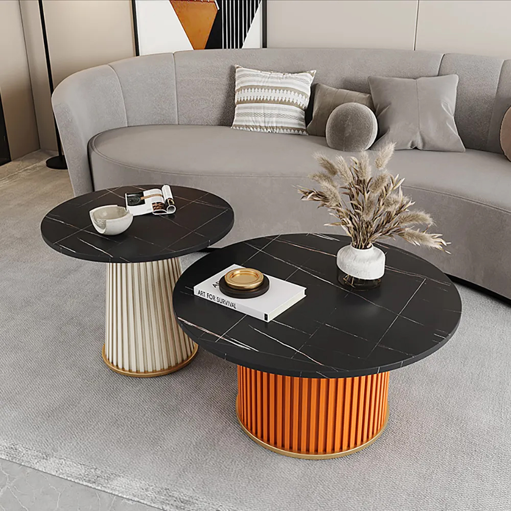

2 Pieces Modern Round Coffee Table Set in Black & Red & Gray