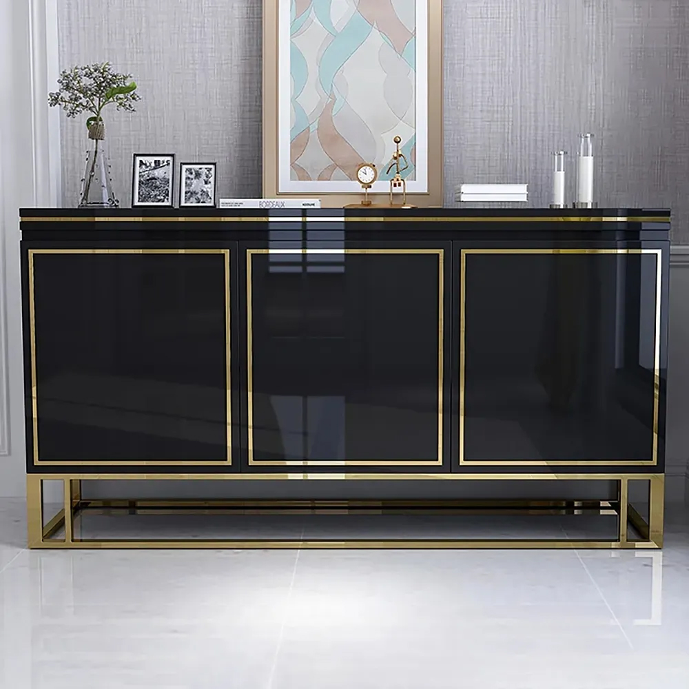 1500mm Black Wood Sideboard Buffet Cabinet with Storage 3 Doors Gold Base