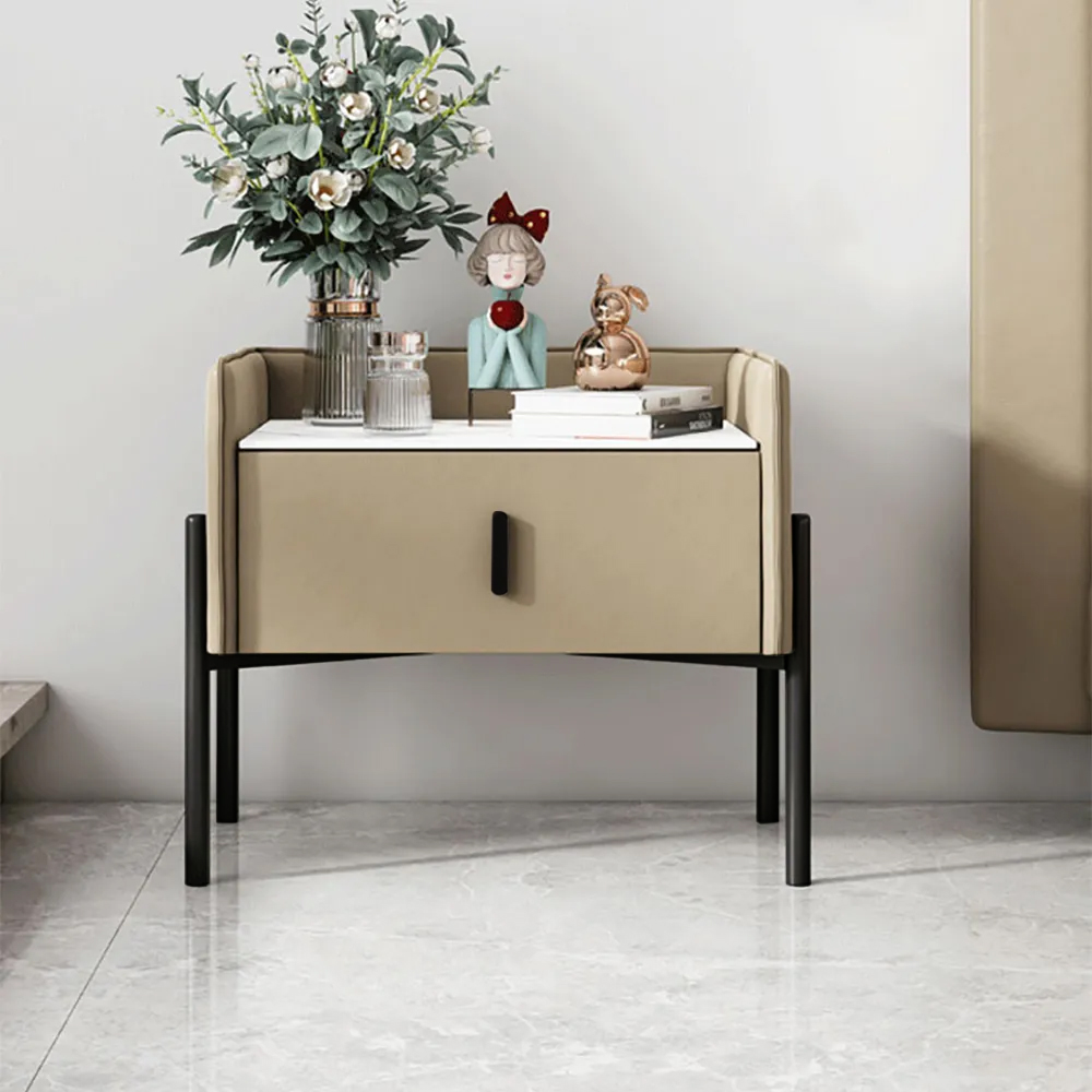 

Contemporary Khaki Faux Leather Nightstand in Stone Top with Drawer