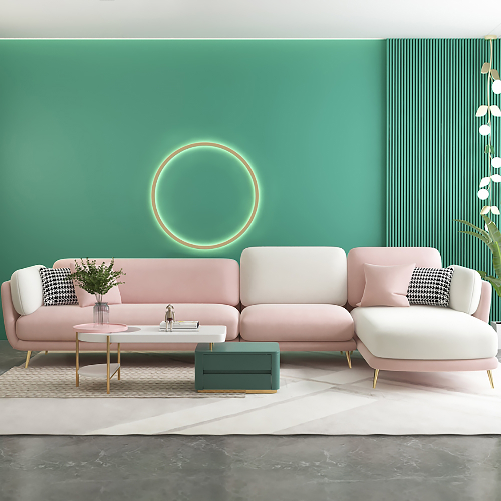 126" Pink Sectional Sofa Velvet Upholstered Modern Couch for Living Room