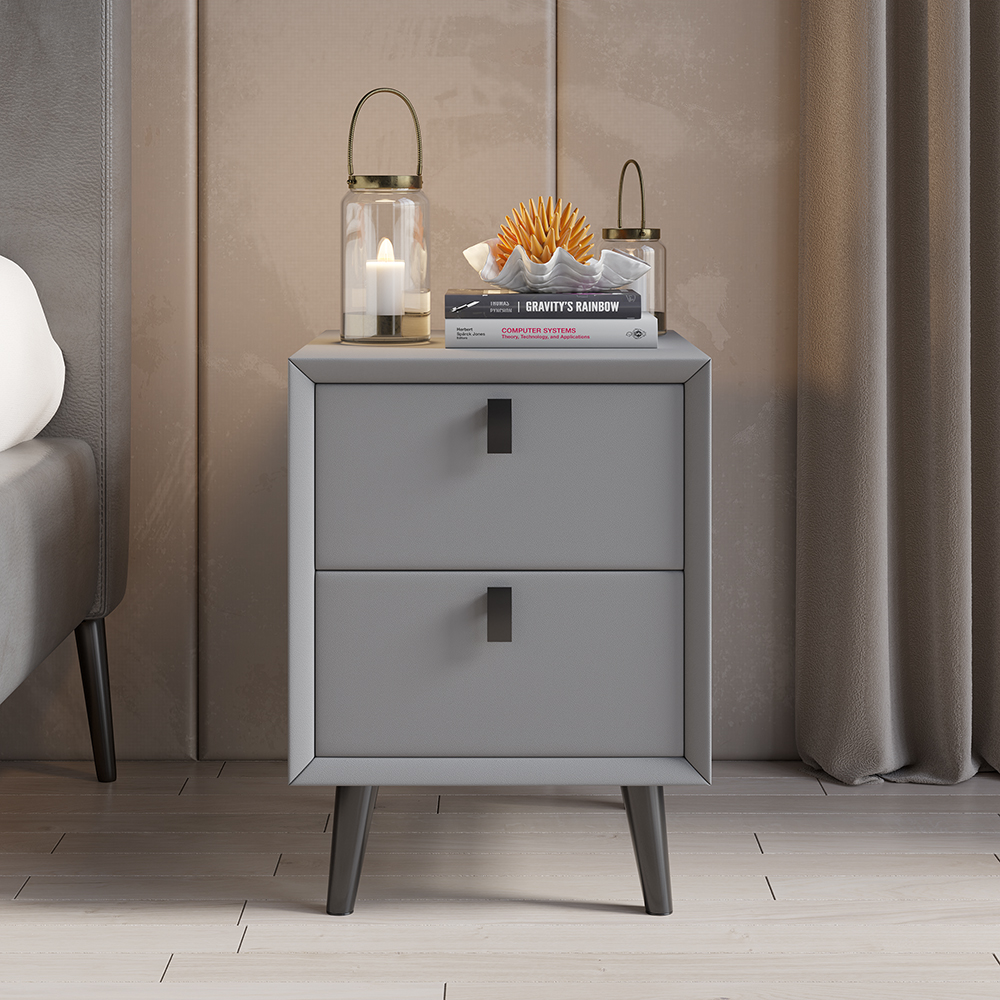 Modern gray faux leather nightstand in pine wood with 2 drawers