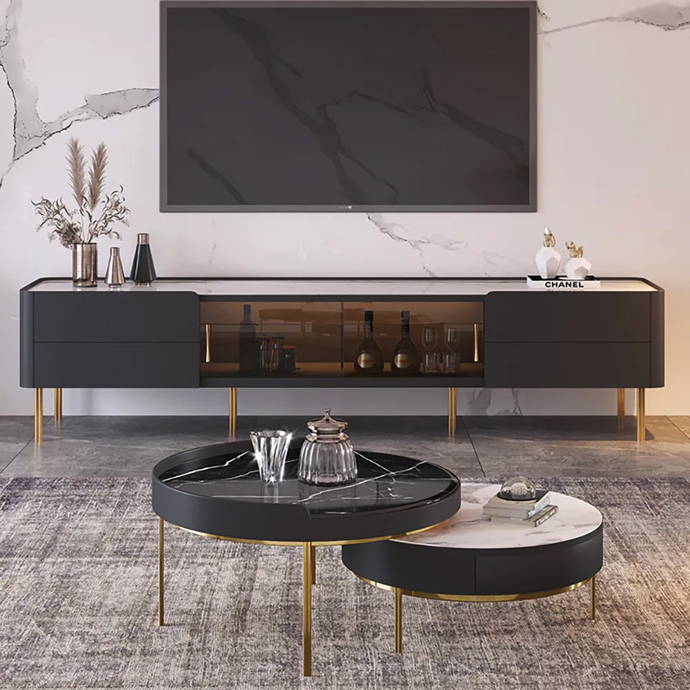 Round Modern Stone Top Nesting Coffee Tables with 1 DrawerHomary