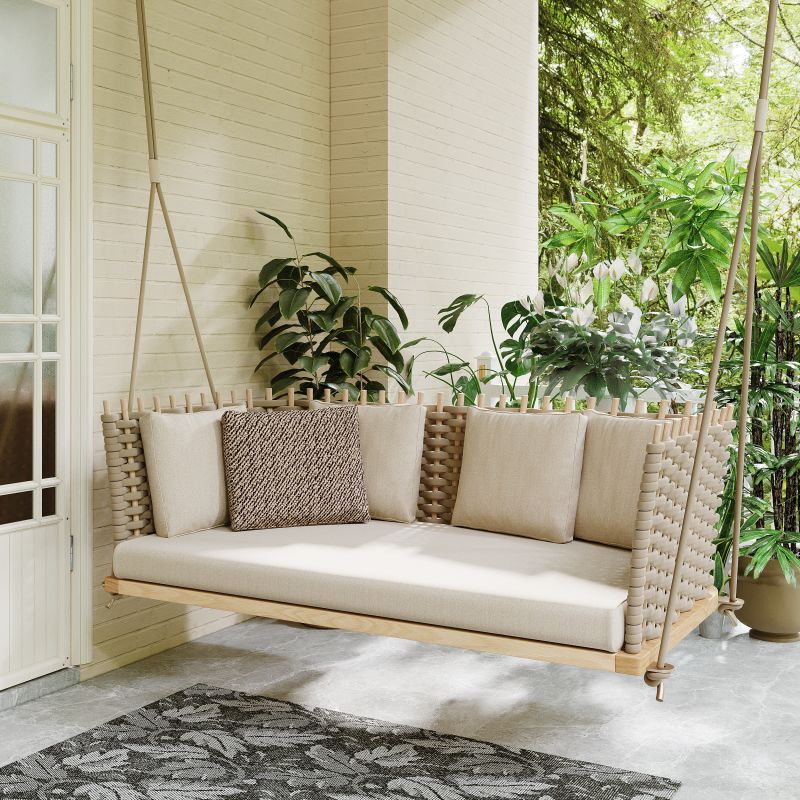 Image of Woven Rattan Porch Handing Sofa Swing Sofa with Shiny Khaki Cushion Pillow
