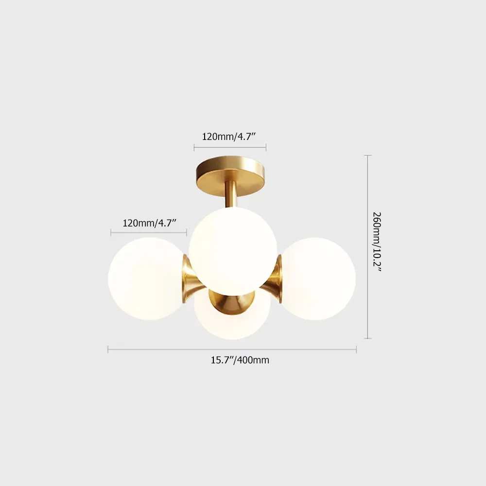 Brass 4-Light Semi-Flush Mount Ceiling Light Globe Shade Mini Chandelier Ceiling Light