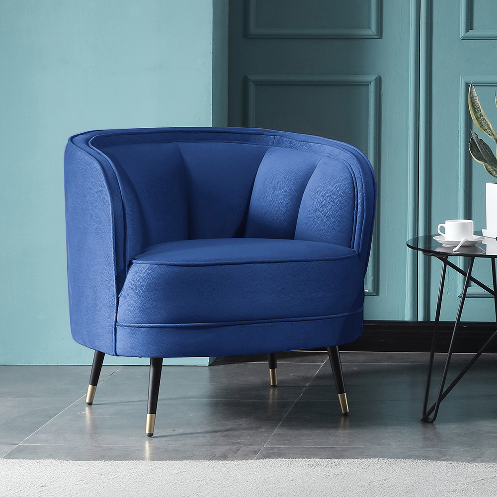 

31" Round Blue Velvet Accent Chair with Tufted Back & Metal Legs