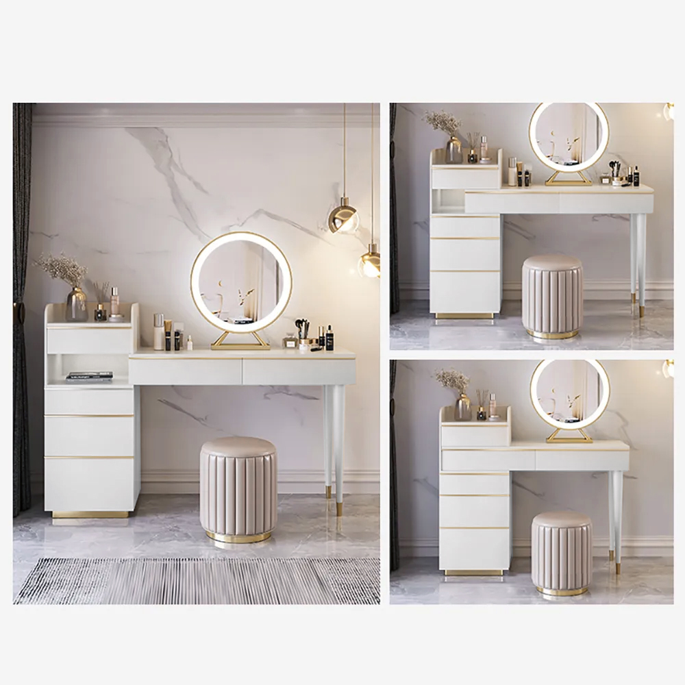 Off-white Makeup Vanity Set Dressing Table with Lighted Mirror Cabinet & Stool Included