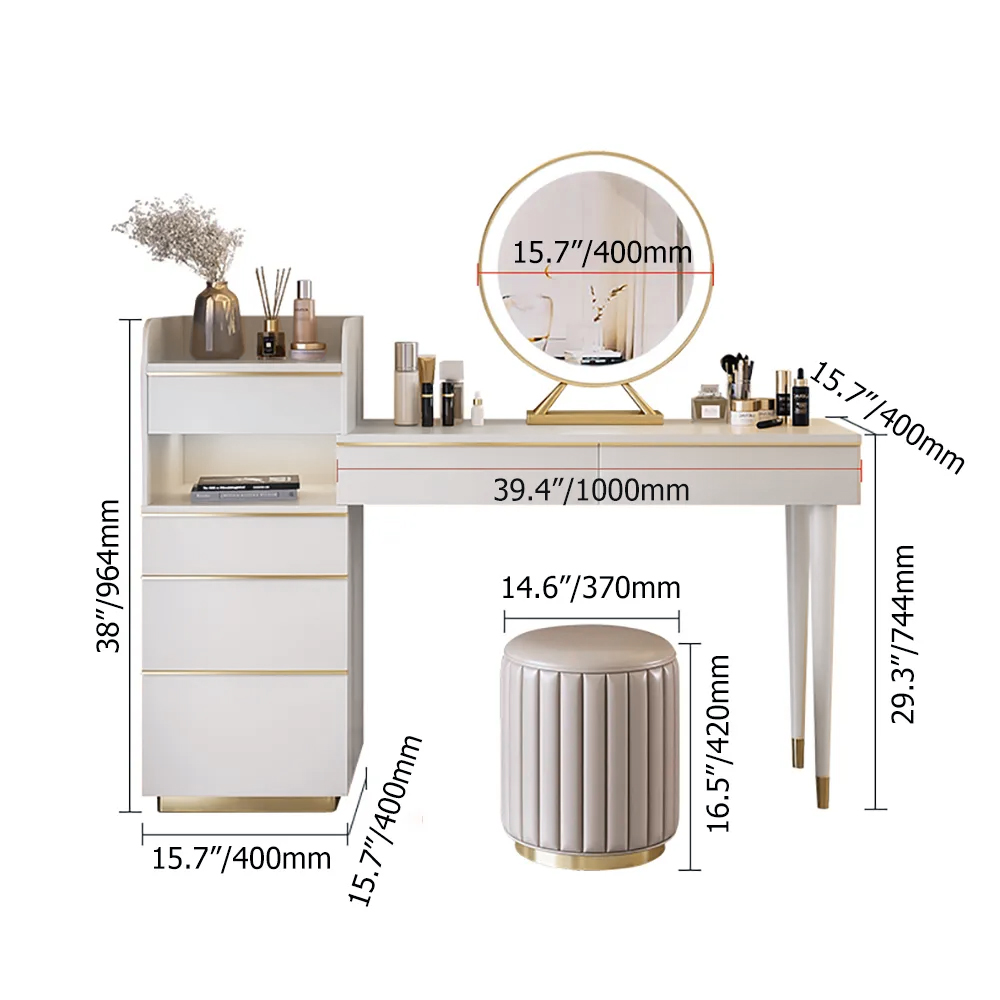 Off-white Makeup Vanity Set Dressing Table with Lighted Mirror Cabinet & Stool Included