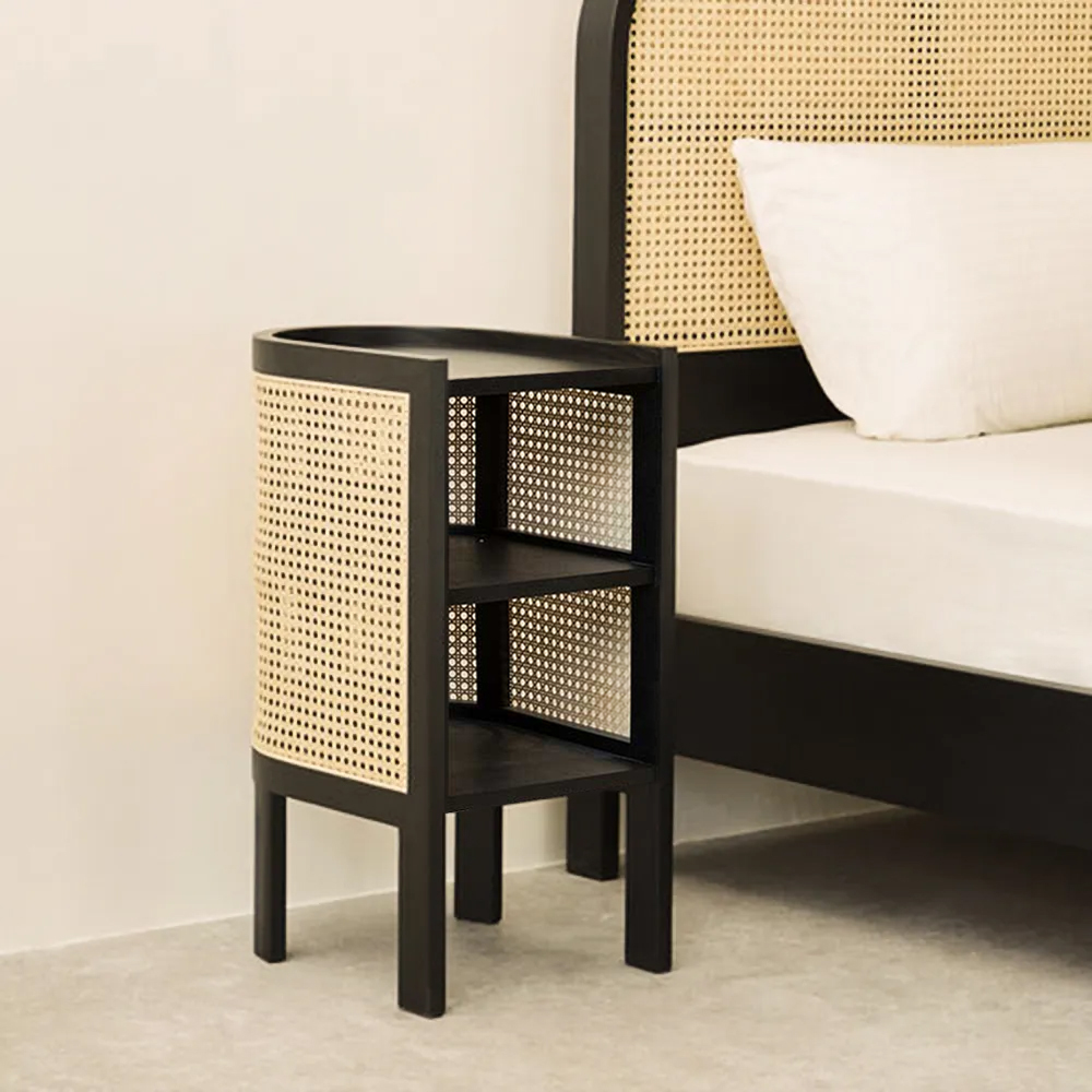 24" Black Nightstand Semi-Circle Rattan Bedside Table with 1 Shelf