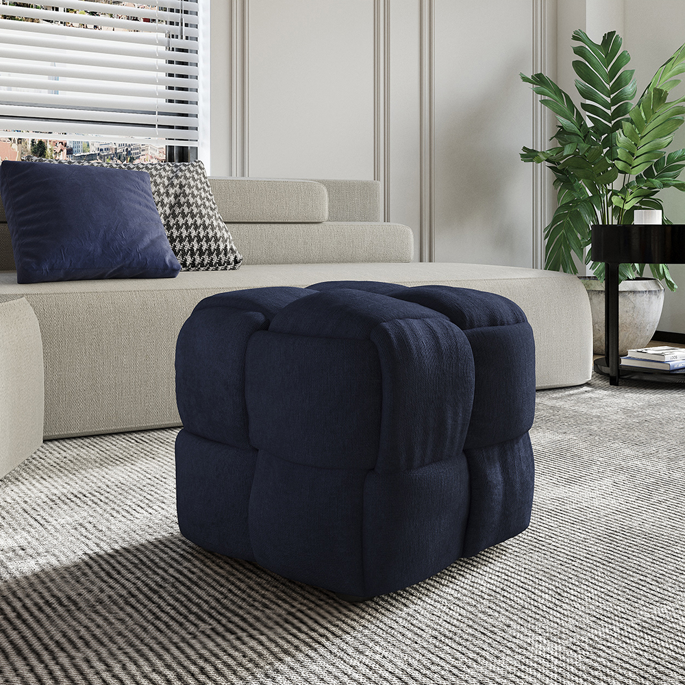 

Modern 19" Blue Cube Ottoman Weave Linen Upholstered