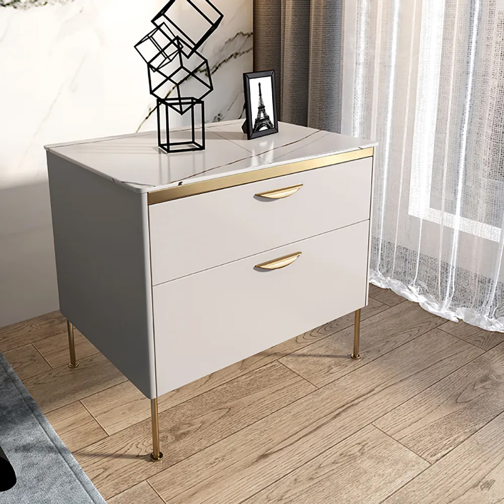 Modern white nightstand luxury stone top 2 drawer lacquered bedside table