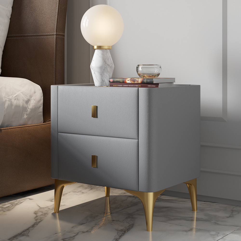 Modern Gray Nightstand 2-Drawer Bedside Cabinet with Stone Top & Microfiber Leather