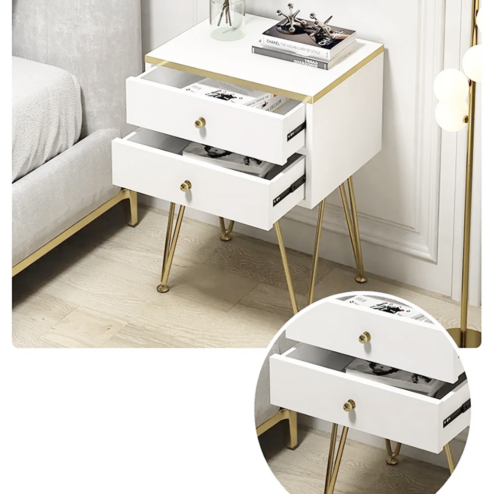 Modern White Nightstand 2-Drawer Bedside Cabinet Gold Pulls & V-Shaped Legs