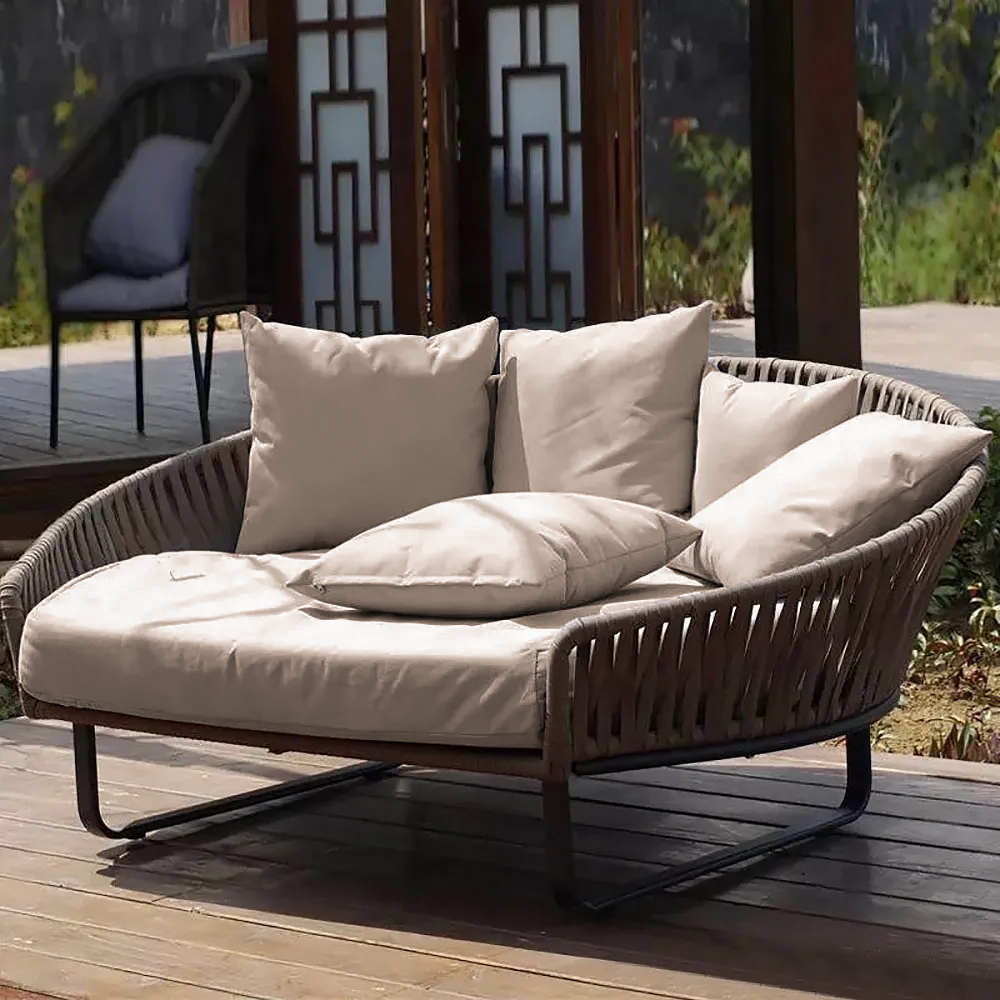 Image of 63" Rattan Outdoor Daybed with Khaki Cushion Pillow Aluminum Frame