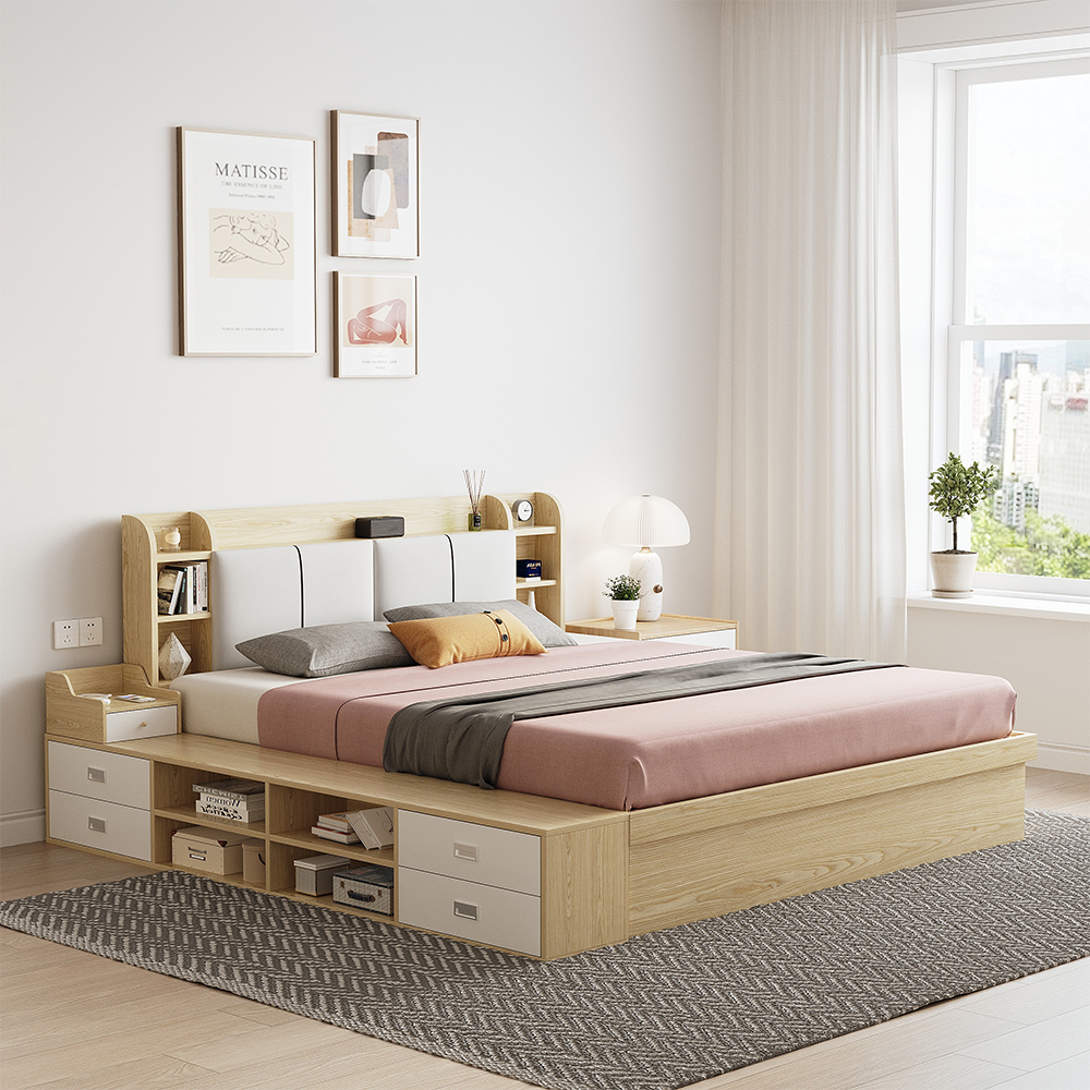 Queen Wooden Storage Bed with Upholstered Headboard and Drawers
