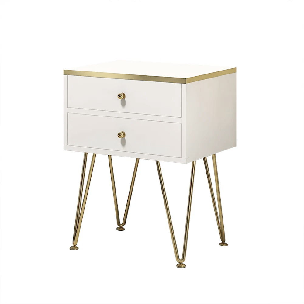 Modern White Nightstand 2-Drawer Bedside Cabinet Gold Pulls & V-Shaped Legs