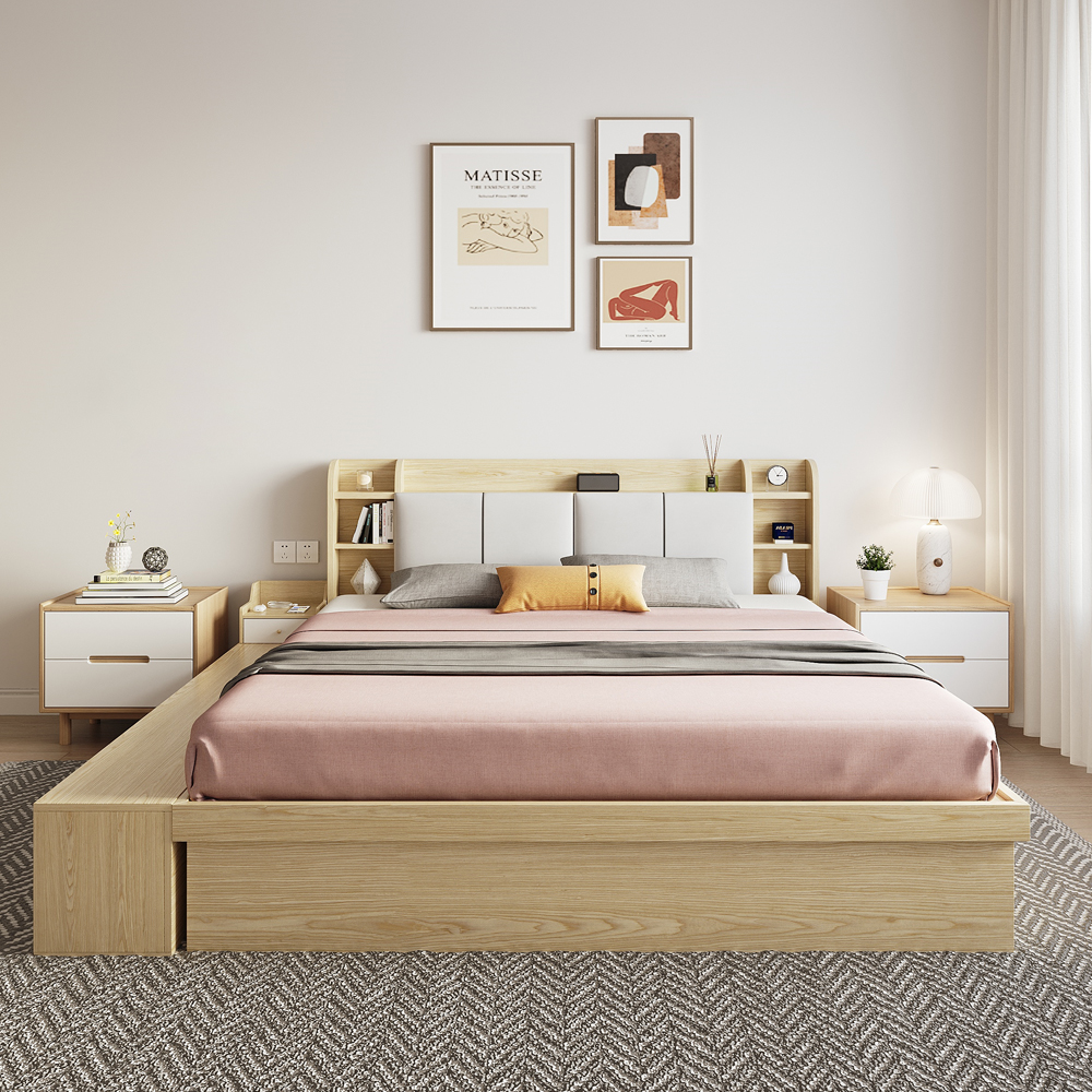 Multi-Storage Cal King Bed with Drawers and Bookcase Headboard