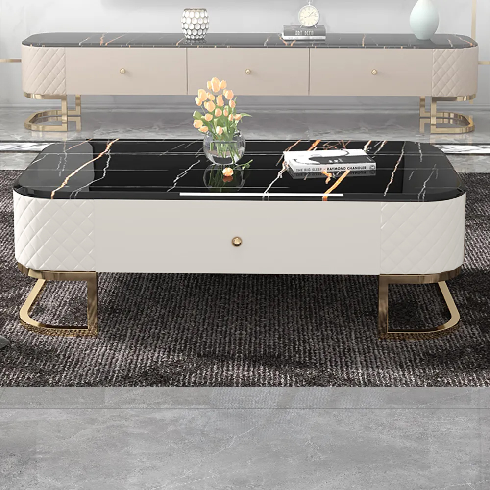 

51.2" Modern Black Marble Coffee Table Stainless Steel Base & Leather Upholstery