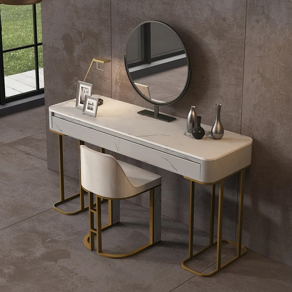 

Contemporary White Stone Top Vanity Set with Stool and Mirror