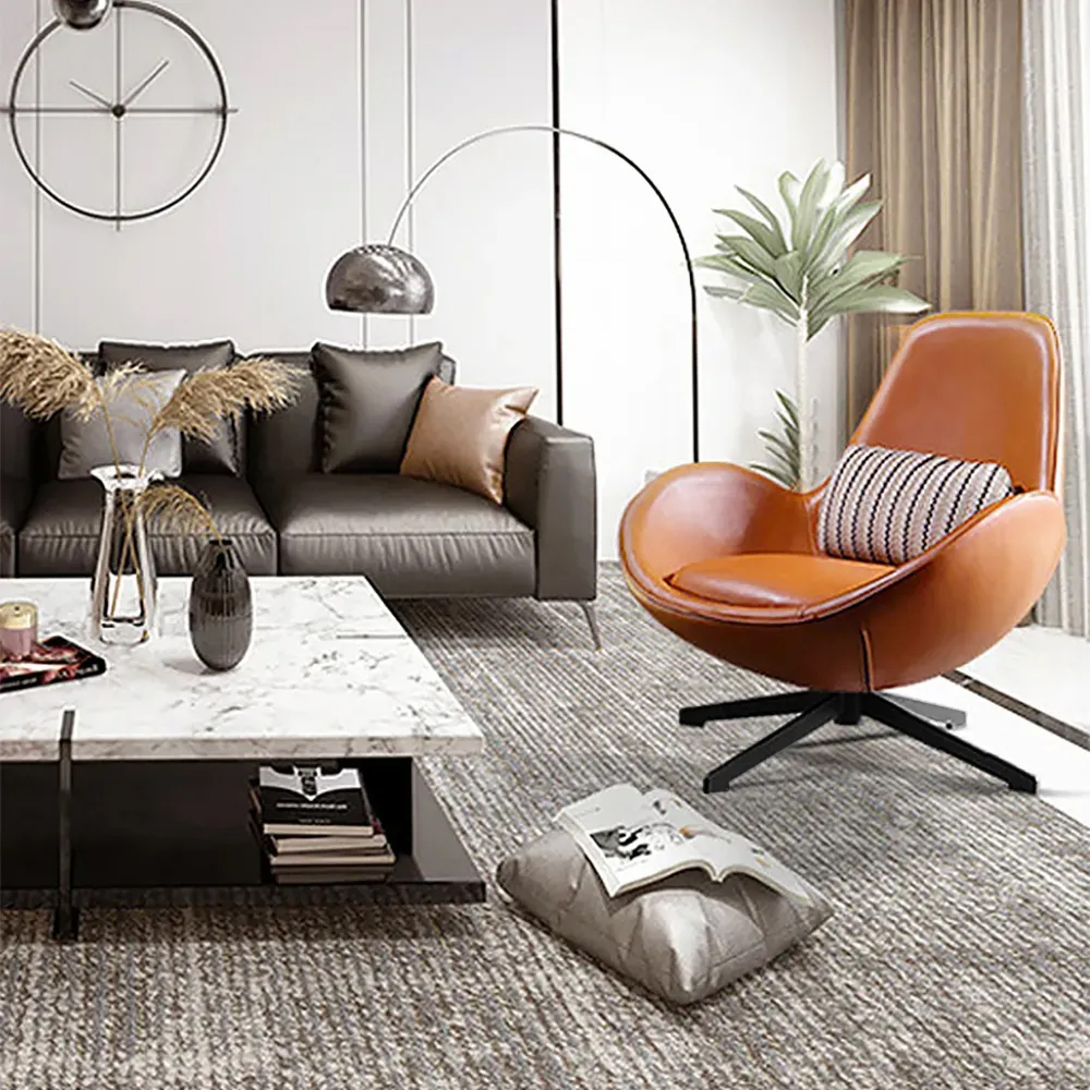 

Modern Brown Egg Lounge Chair Faux-Leather Accent Chair with Metal Base