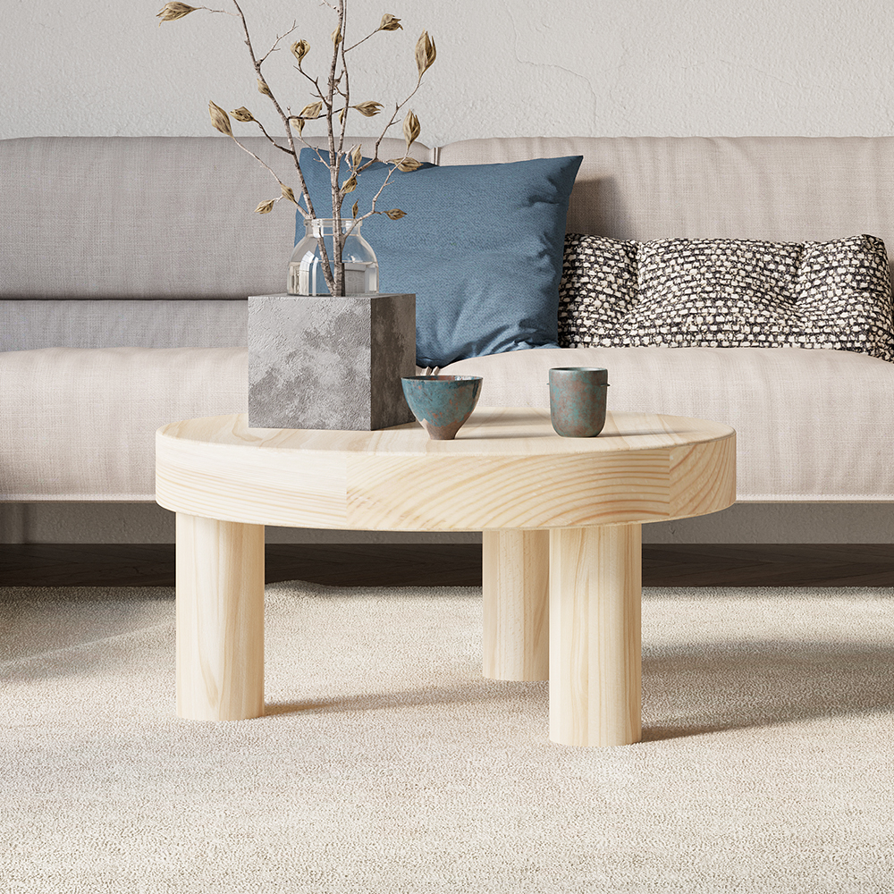 600mm Round Natural Pine Wood Coffee Table Center Table for Living Room