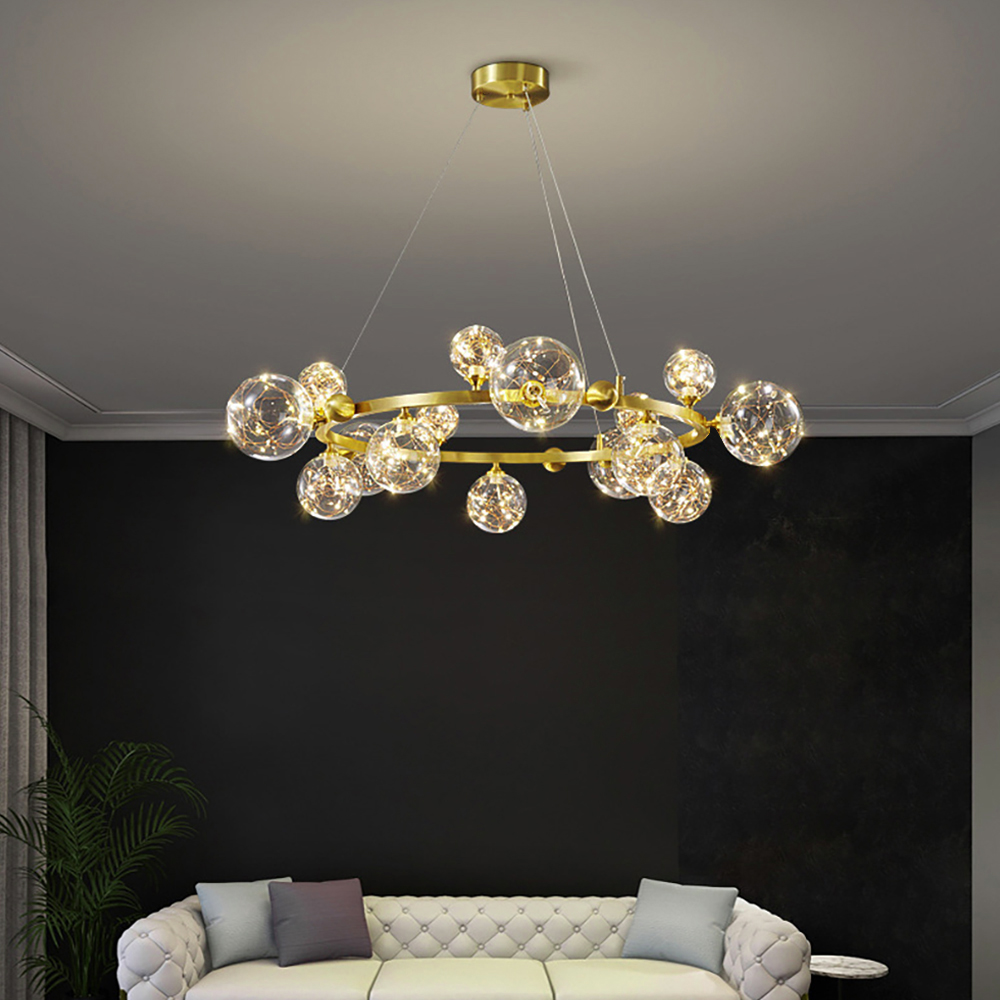 Gold 15-Light Glass Globe LED Chandelier with Adjustable Cable-Homary