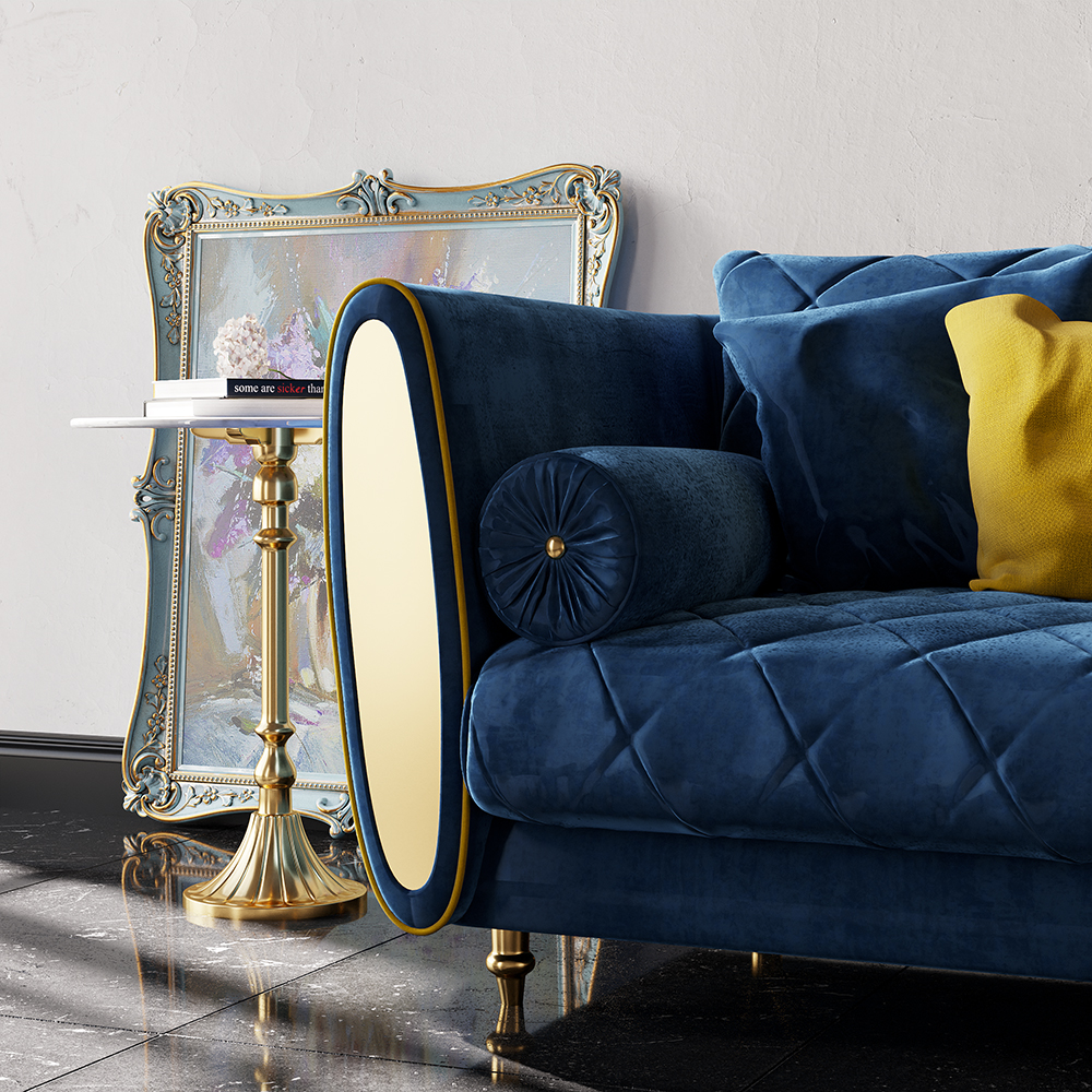 Luxury Blue Sofa Modern Velvet Upholstered Sofa 3-Seater Sofa in Gold Wood Finish