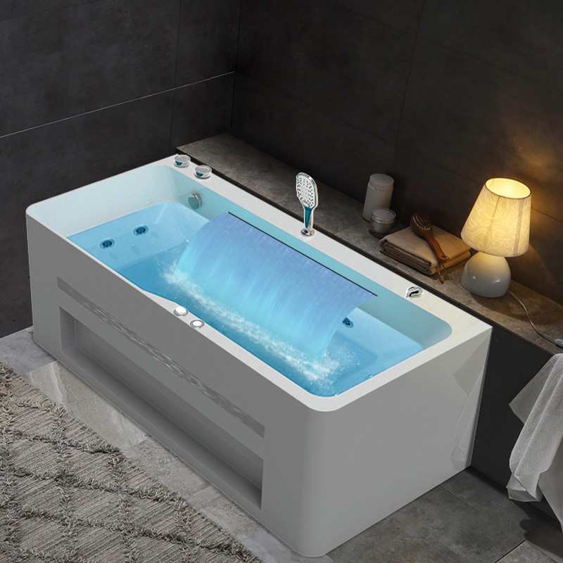 1700m Acrylic Corner Bath Massage Sided Apron Bath in White with Chromotherapy LED