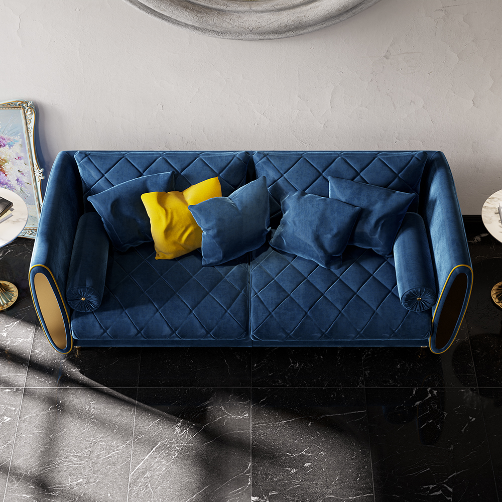Luxury Blue Sofa Modern Velvet Upholstered Sofa 3-Seater Sofa in Gold Wood Finish