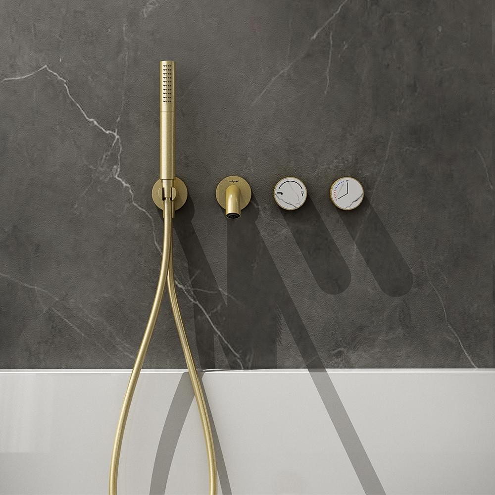 

Modern Wall-Mount Tub Filler Faucet Triple Knobs & Handshower in White & Gold