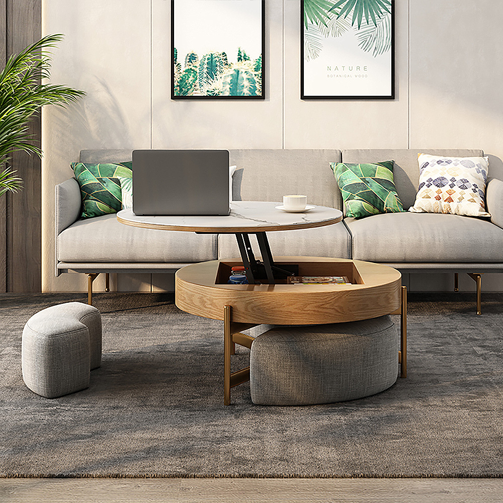 Round Lift-Top Coffee Table with Storage White & Natural without Stools